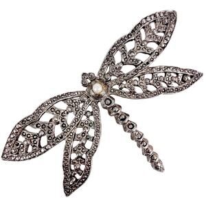 VTG Signed Mimi Di N Dragonfly Brooch Silver Tone Faux Pearl Marcasite Style 80s